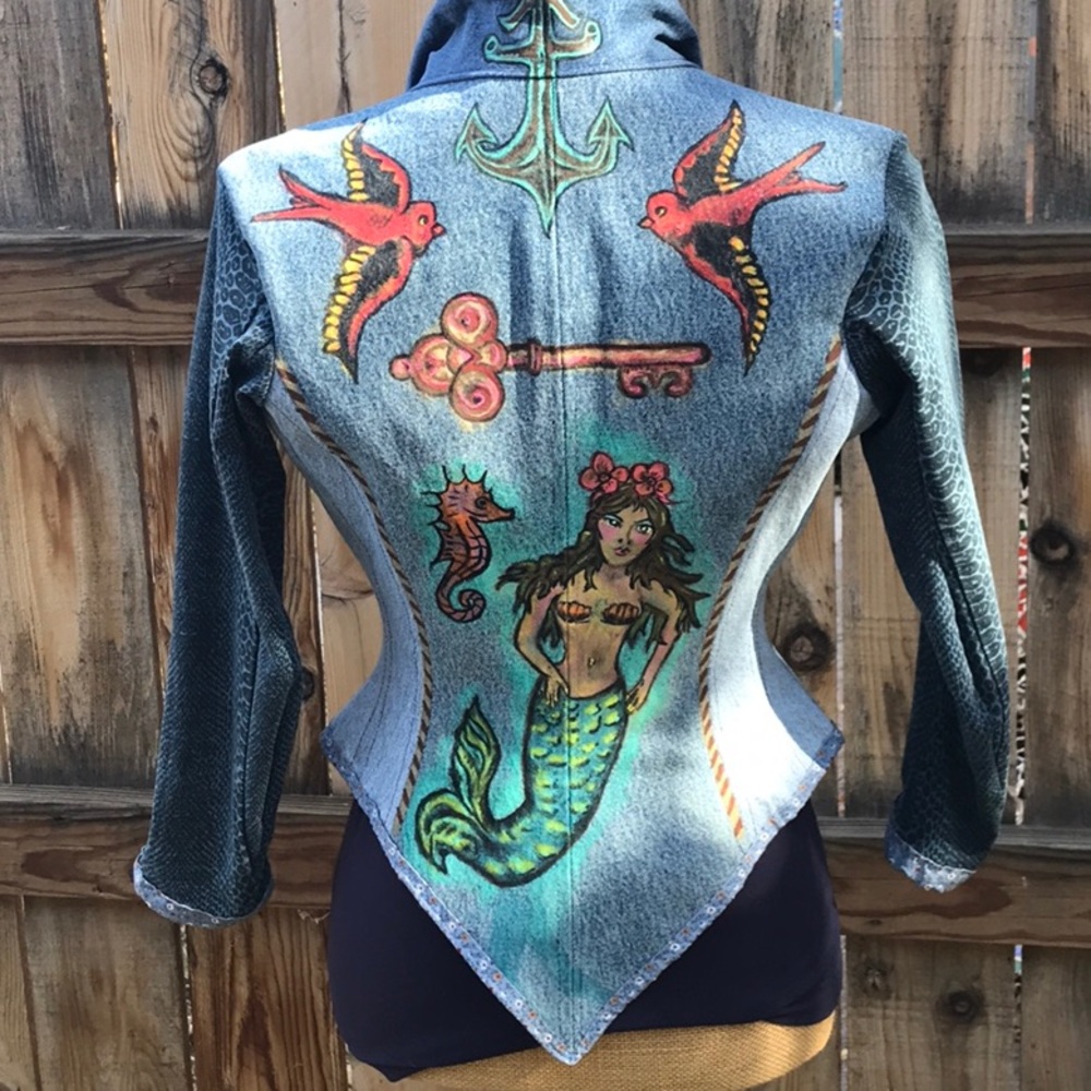 Boutique item, handmade  Victorian style jean jacket w/ flash tattoo art.